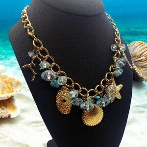 Beach Themed Gold Tone, Faux Turquoise & Beaded Charm Necklace